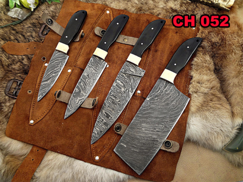 Professional Kitchen Knives Custom Made Damascus Steel 4 pcs of Professional Utility Chef Kitchen Knife Set with Chopper/Cleaver with Pocket Case Chef Knife Roll Bag /KGB20