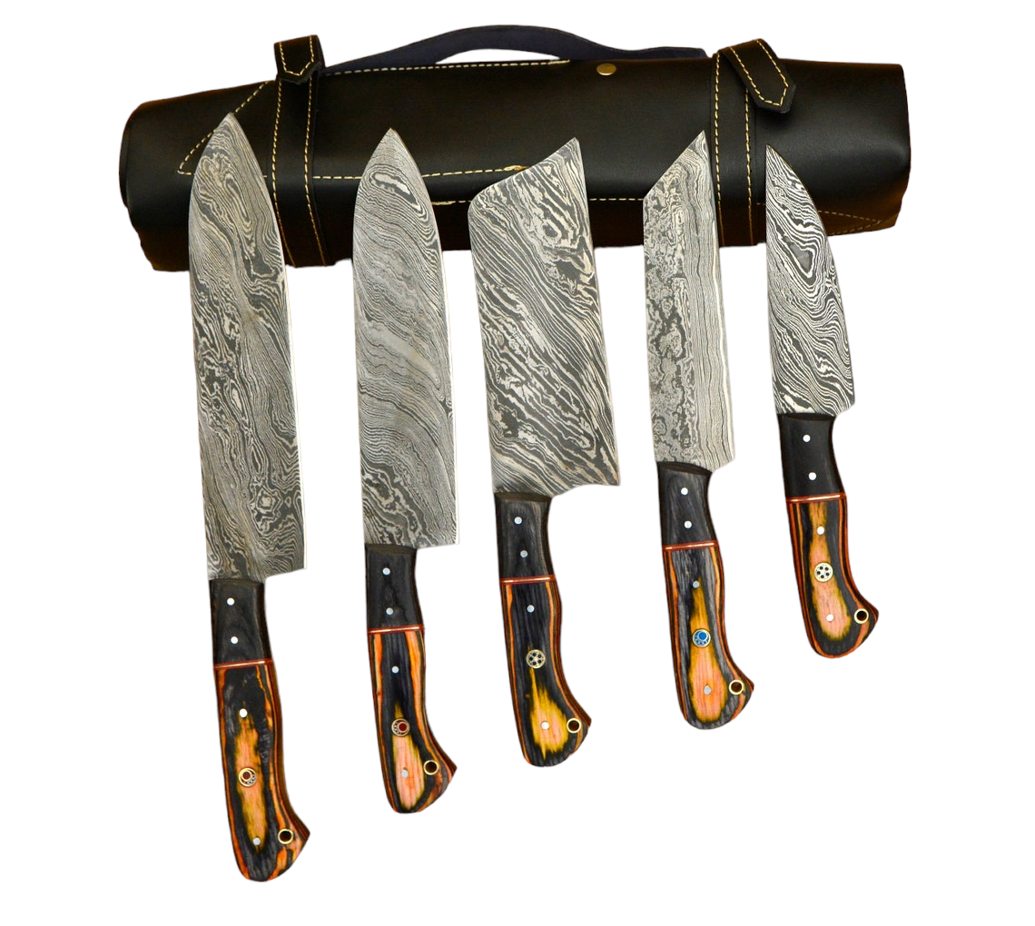 Professional Kitchen Knives Custom Made Damascus Steel 5 pcs of Utility Chef Knives Set