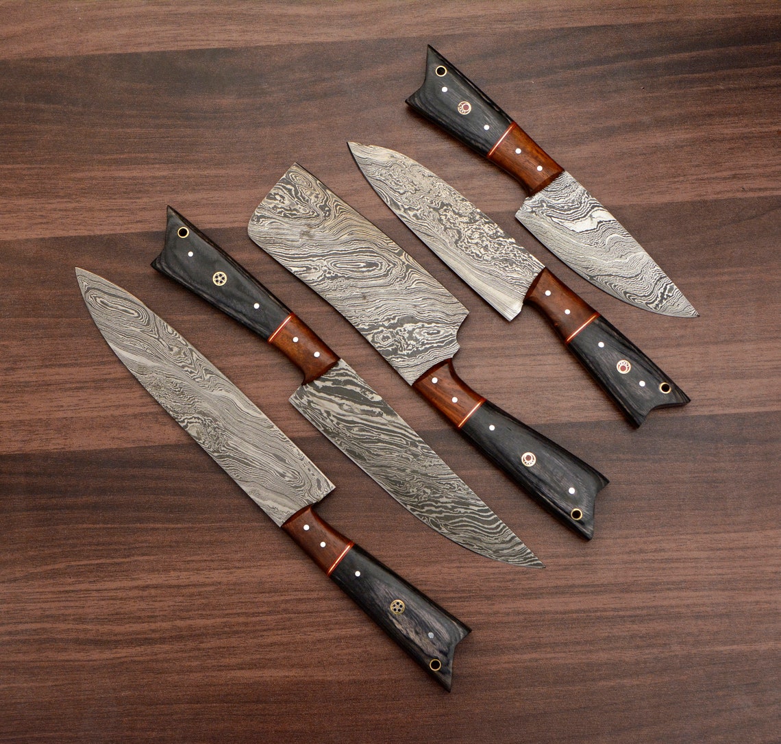 W Trading- Professional Kitchen Knives Custom Made Damascus Steel 8 pcs of  Professional Utility Cooking Chef Kitchen Knife Set with Chopper/Cleaver