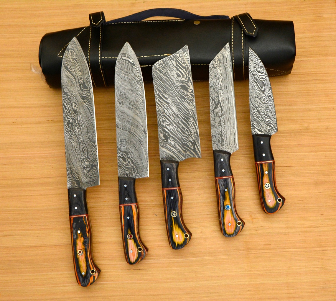 Professional Kitchen Knives Custom Made Damascus Steel 5 pcs of Utility Chef Knives Set