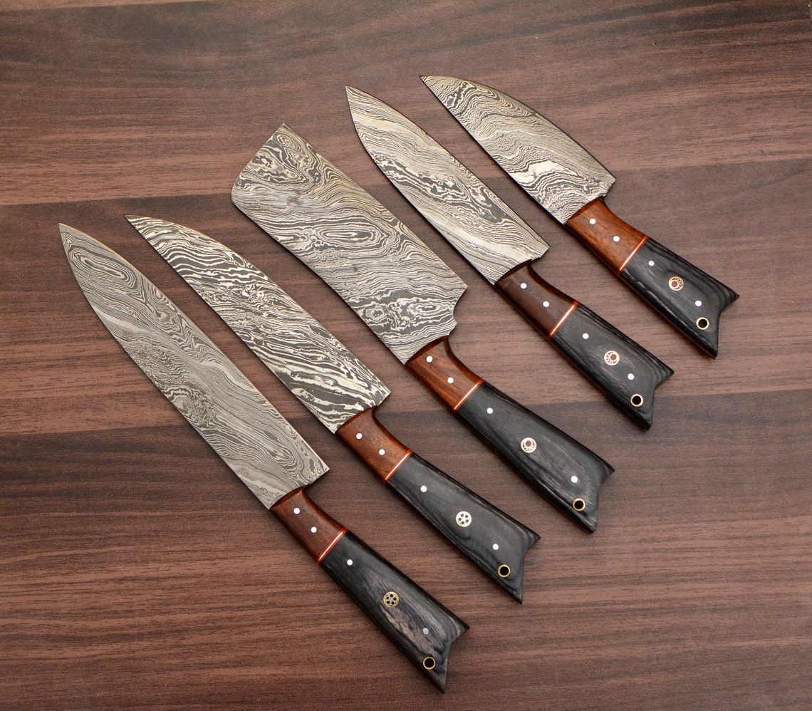 Custom Hand Crafted Forged Full Tang Damascus Steel Kitchen Knives Set of  5, Chef Knives, Meat Cleaver Knives, Utility Knives 